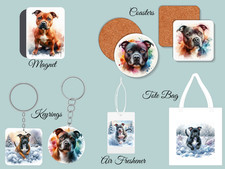 Staffie Gifts, Keyrings, Coasters, Tote Bag, Air Freshener,Magnets