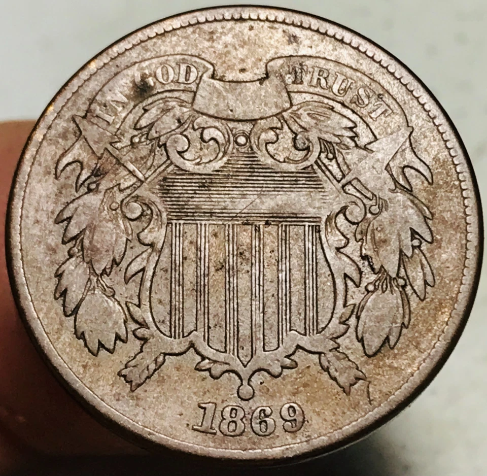 1869 Two Cent Piece 2C Ungraded Circulated Civil War Era US Copper Coin CC28451 - Image 3 of 4