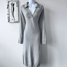 H&M Women's Minimalist Gray Knit Collared V-Neck Midi Polo Sweater Dress Sz S