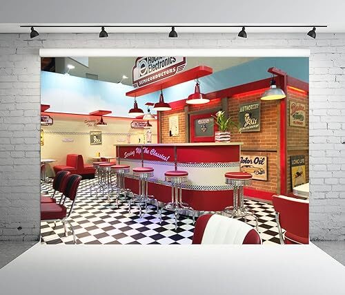 Vintage 50s Diner Backdrop - 8x6ft Fabric 1950s American Diner Photo Background