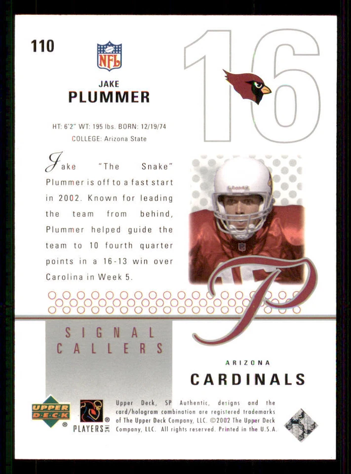 2002 SP Authentic #110 Jake Plummer SC /2000 - Image 2 of 2