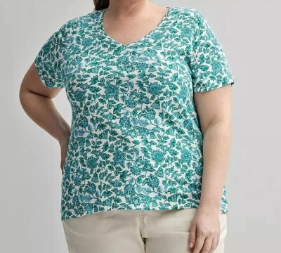 Croft & Barrow SS V-Neck Knit Top - 100% Cotton -  Green & Blue   - 2X NWT