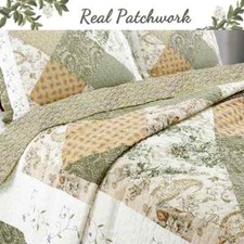 NEW COZY COTTAGE CHIC PATCHWORK IVORY TAUPE SAGE GREEN COUNTRY QUILT SET