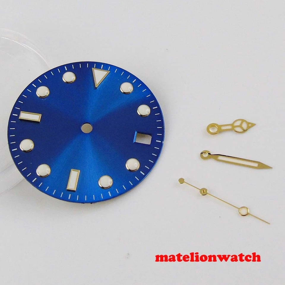 Reloj 28,5 mm azul estéril esfera con manecillas ajustadas movimiento NH35 NH35A azul luminoso Foto 2 de 3
