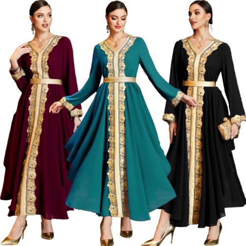 Elegant Dubai Women Long Sleeve Embroidery Abaya Party Evening Gown Dress Kaftan - Foto 1 di 33