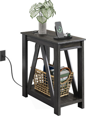 Slim Farmhouse End Table with USB Ports & Power Outlets for Small Spaces