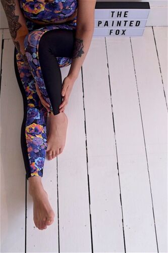 Acid rose leggings rose print with black side panel  gym activewear vibrant  - Afbeelding 1 van 2