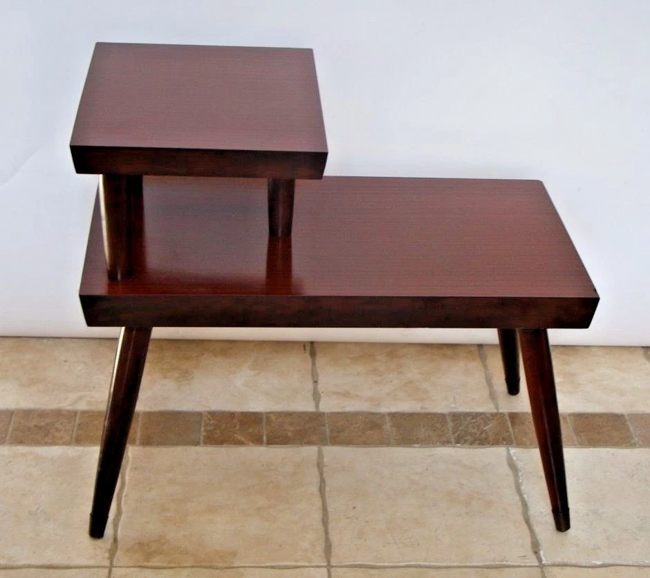 Atomic Era Mid Century Modern Brass Mahogany End Table two Tier Laminate Step  - Image 4 of 4