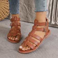 Women Gladiator Holiday Summer Sandals Flats Heels Zip Buckle Shoes Roman Style