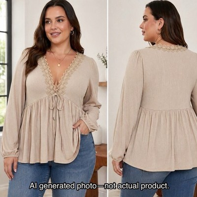 Torrid Super Soft Rib Knit Lace Trim Tie Front Top 2X Beige Long Sleeve NWT