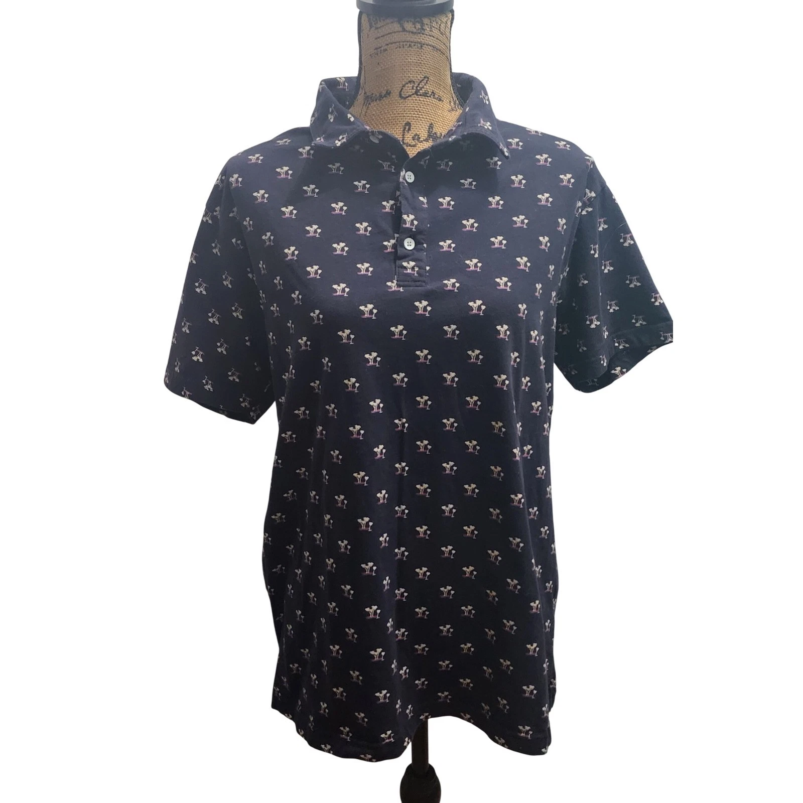 Colours Alexander Julian Womens Navy Palm Tree Print Short Sleeve Polo Size L