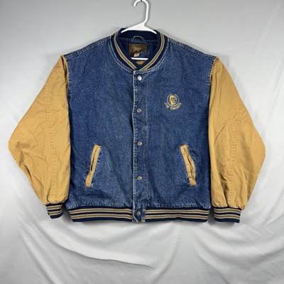 Jaqueta jeans Varsity masculina vintage 2XL azul marrom