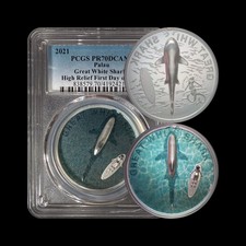 PALAU. 2021, 5 Dollars, Silver - PCGS PR70 - Top Pop 🥇 Great White Shark RARE 6
