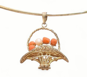 Vintage Silver Basket Necklace Pendant with Coral Beads and Pearl