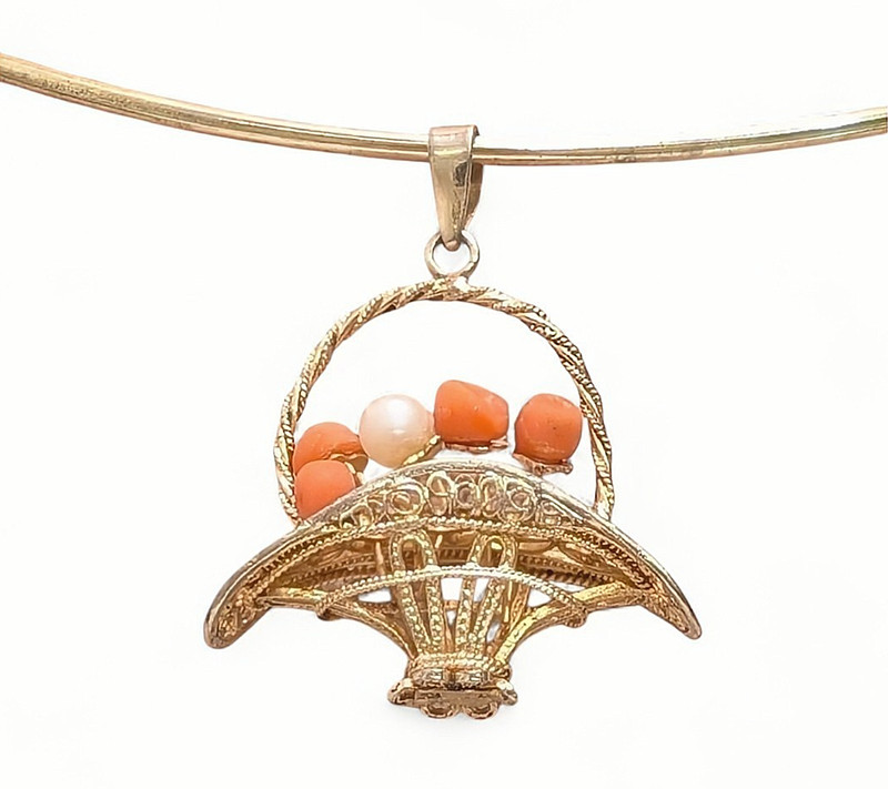 Vintage Silver Basket Necklace Pendant with Coral Beads and Pearl