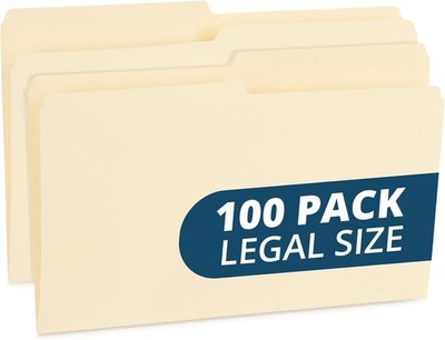 100 Blue Summit Legal Size Manila File Folders, 1/2 Cut Tab for Office,