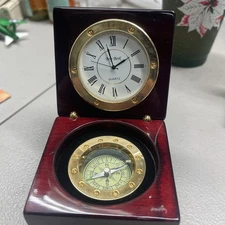 NAUTICAL BEY BERK  BRASS COMPASS & CLOCK WATCH LACQUERED REDWOOD BOX Suntrust