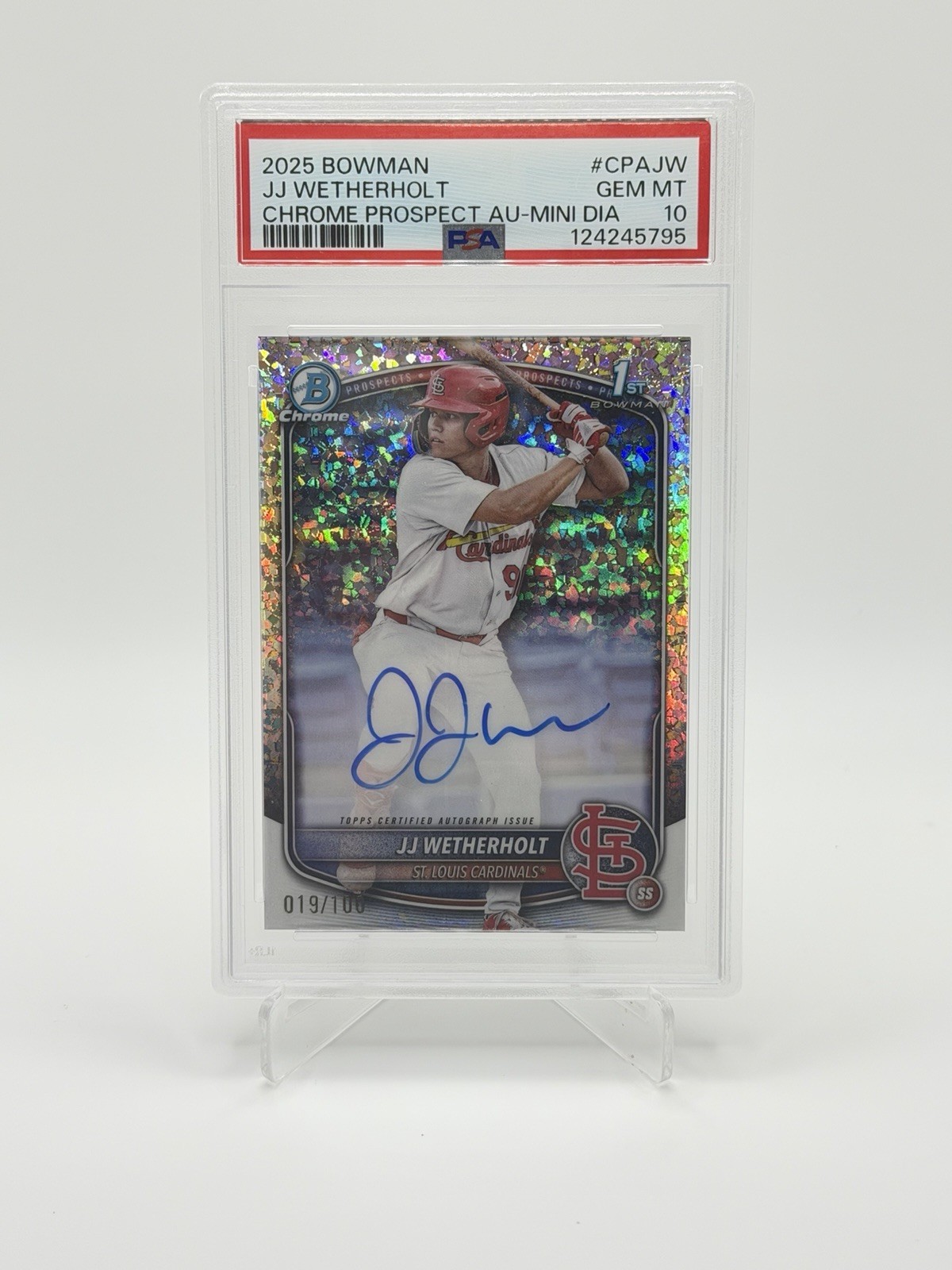 2025 Bowman JJ Wetherholt 1st Chrome Mini Diamond Auto /100 PSA 10 POP 11