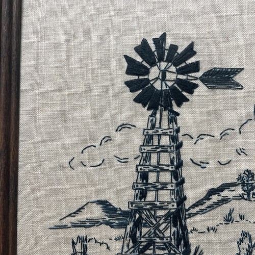 Vintage WINDMILL Black EMBROIDERY on Linen  Framed Wood 11x13 - Afbeelding 6 van 7