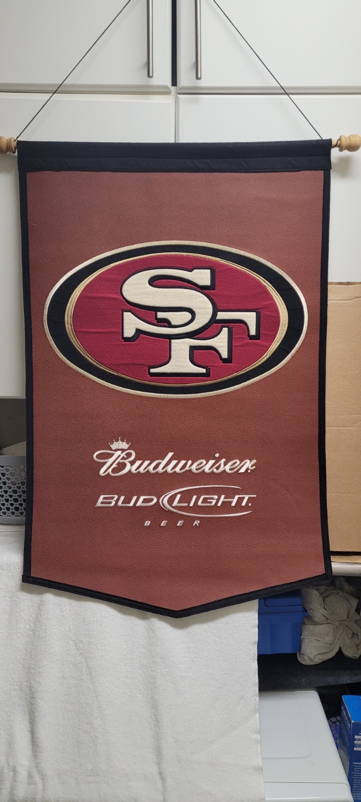 SF 49ers Embroidered Wool Bud/ Bud Light Beer  24X38 Pendant w/ Dowel Hanger