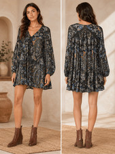Free People long sleeve paisley dress size small lace up detail boho dark fairy