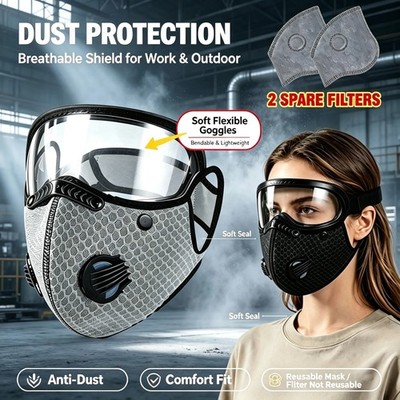 NEW Reusable 5 Layer Carbon Dust Mask Adjustable Goggles Washable Reusable Gray