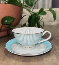 Floris Jusalpha Vintage Blue Elegant Striped Porcelain Teacup & Saucer Set