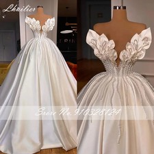 Women's A Line V Neck Satin Wedding Dresses Elegant Pearls Beaded Bridal Gown