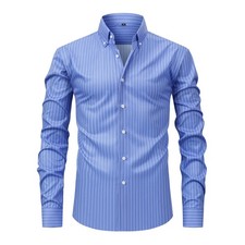 Mens Elastic Shirts Formal Business Long Sleeves Striped Casual Dress Shirts Top