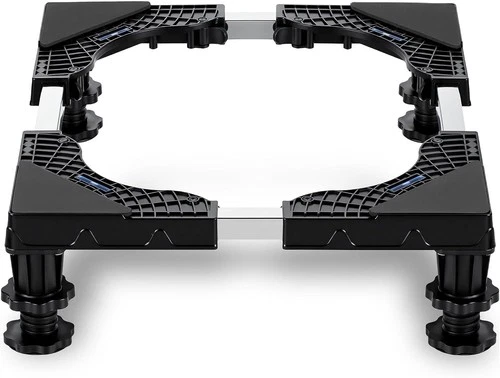 Black adjustable base with ribbed legs for small refrigerator, featuring front mesh grilles and blue leveling feet.
