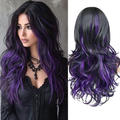 Highlight Black Mixed Purple Wig with Bangs Long Wavy Dark Purple Layered on ...