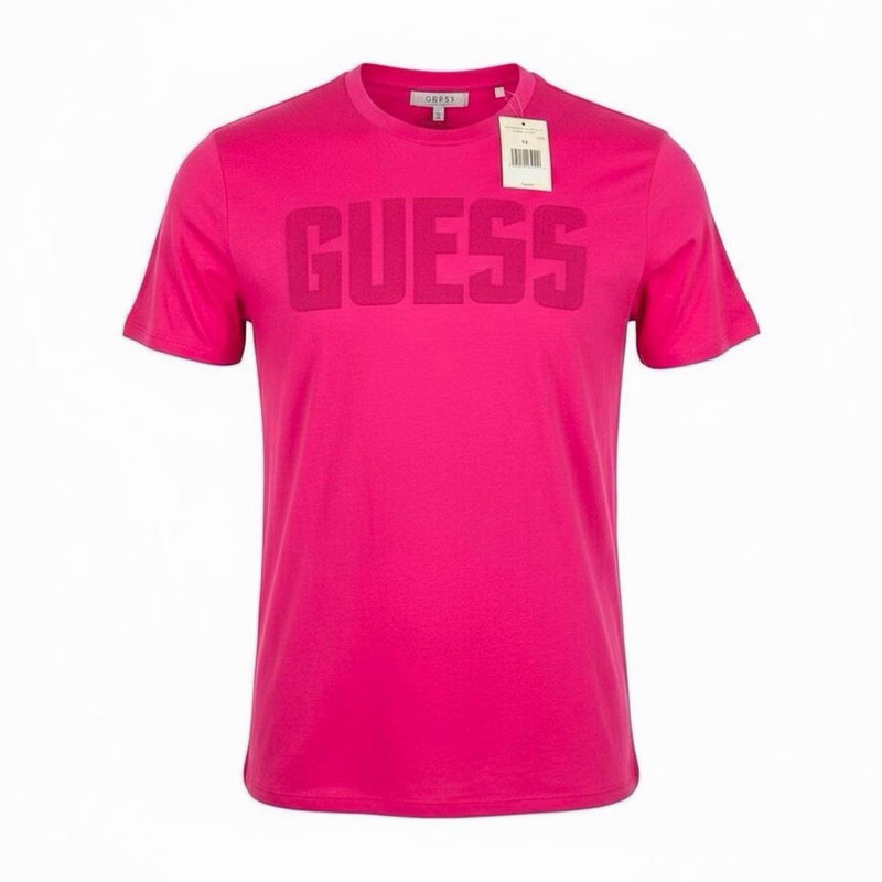 GUESS Men's Pink Logo Graphic T-Shirt M Regular Crew Neck Short Sleeve