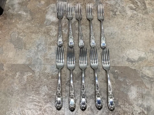 10 Vintage S Kirk & Son 7-3/8 Sterling Silver Rose Pattern Dinner Forks No Mono