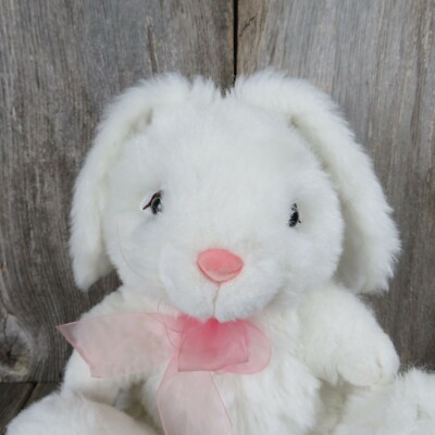 Vintage Bunny Plush White Rabbit Ribbon Pink Flocked Nose Easter