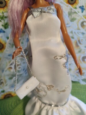 Handmade Barbie Clothes - Silver Wedding Gown, Veil, Purse, and Shoes