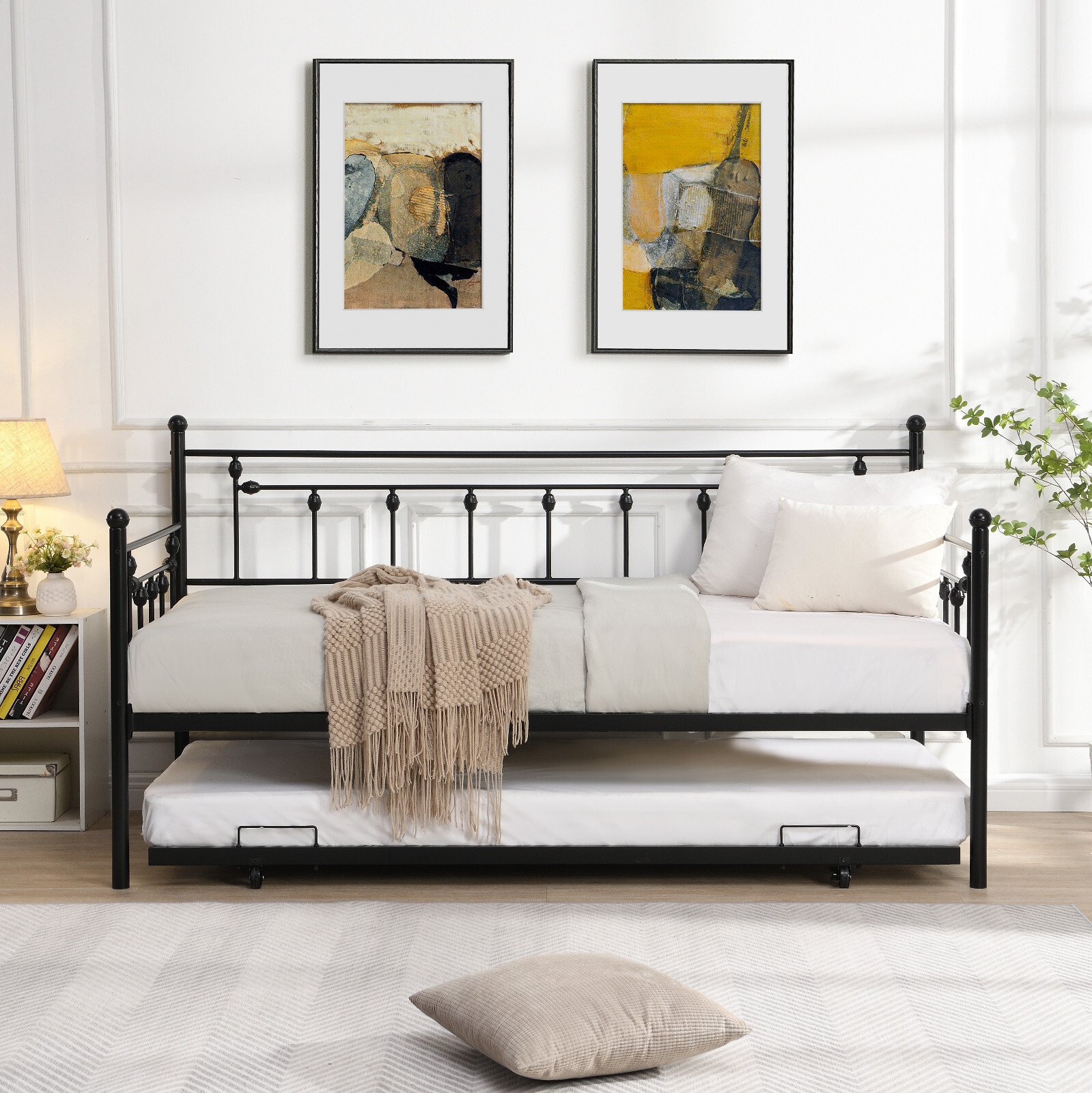 2 In 1 Convertible Twin Size Daybed W/ Pull Out Trundle Bed Frame Sofa Bed Metal