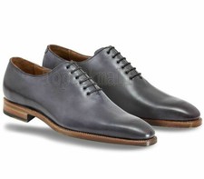 Handmade Men's Leather Oxfords Gray Casual Wingtip Fashion Formal Shoes-759