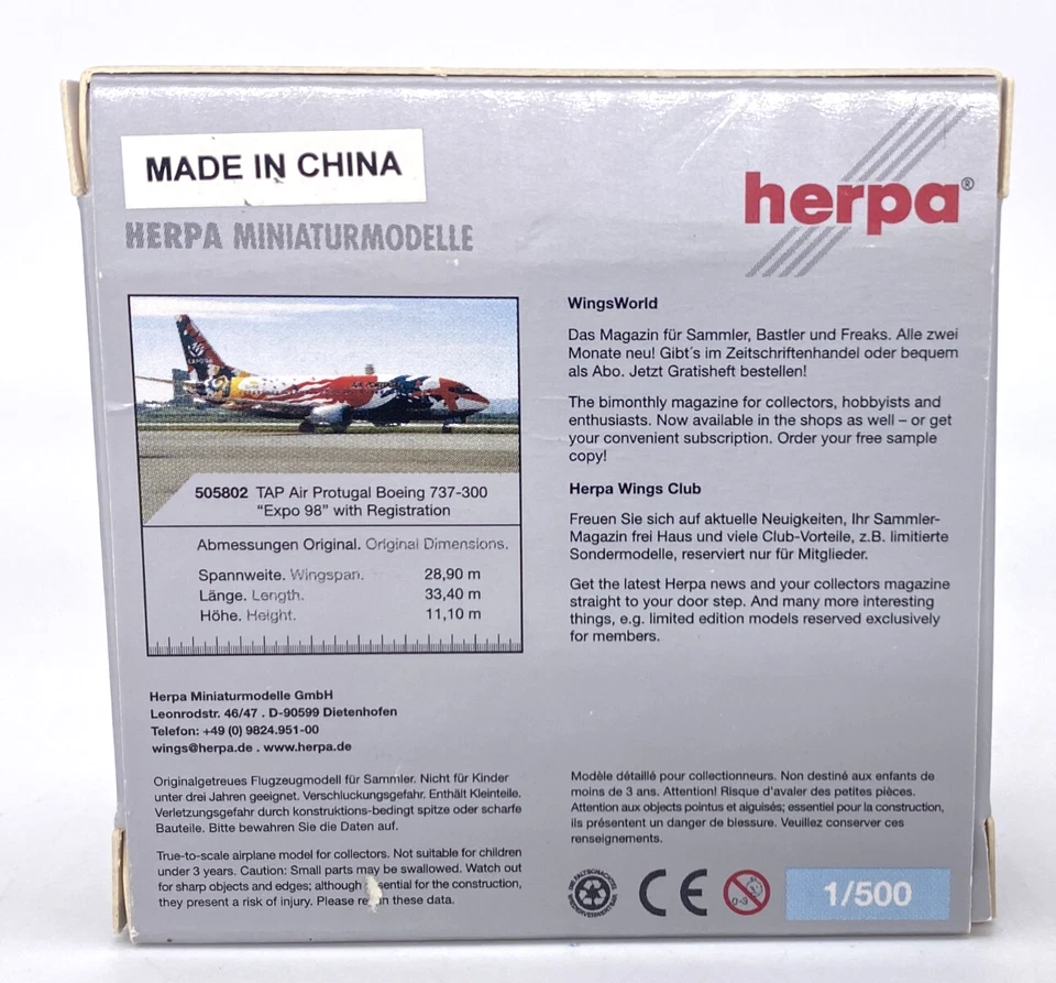 Herpa 505802 tap Air Portugal Boeing 737-300 Expo 98 1:500 Diecast Model NOB - Image 2 of 4