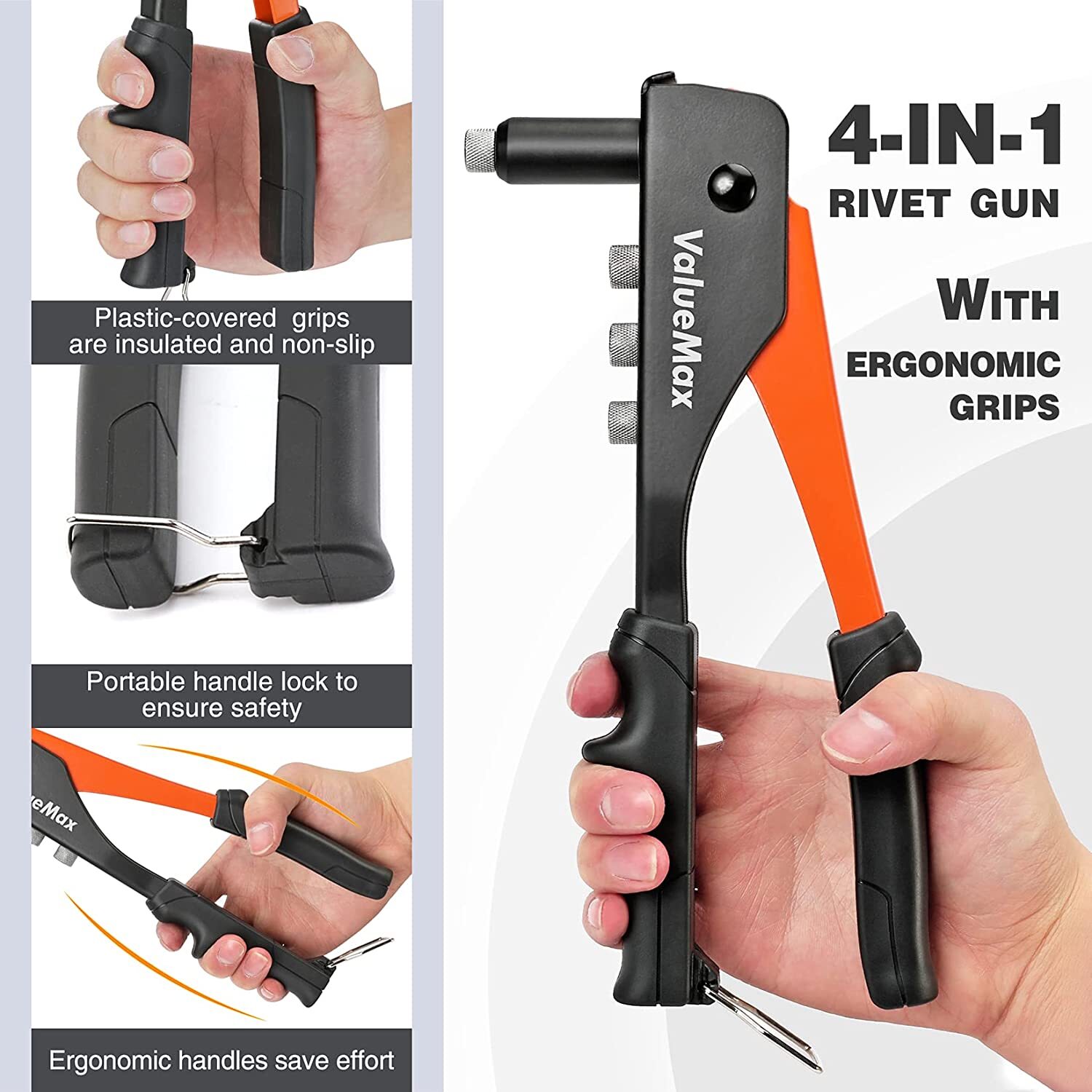 ValueMax 4-in-1 Hand Riveter/Rivet Gun Pop Rivet Tool Kit 200 Rivet 4 Nosepieces