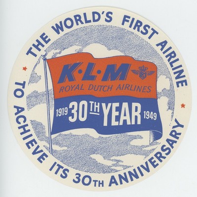 KLM Royal Dutch Airlines 1949 Etiqueta de equipaje 30th aniversario  Compañía Aérea Holanda | eBay