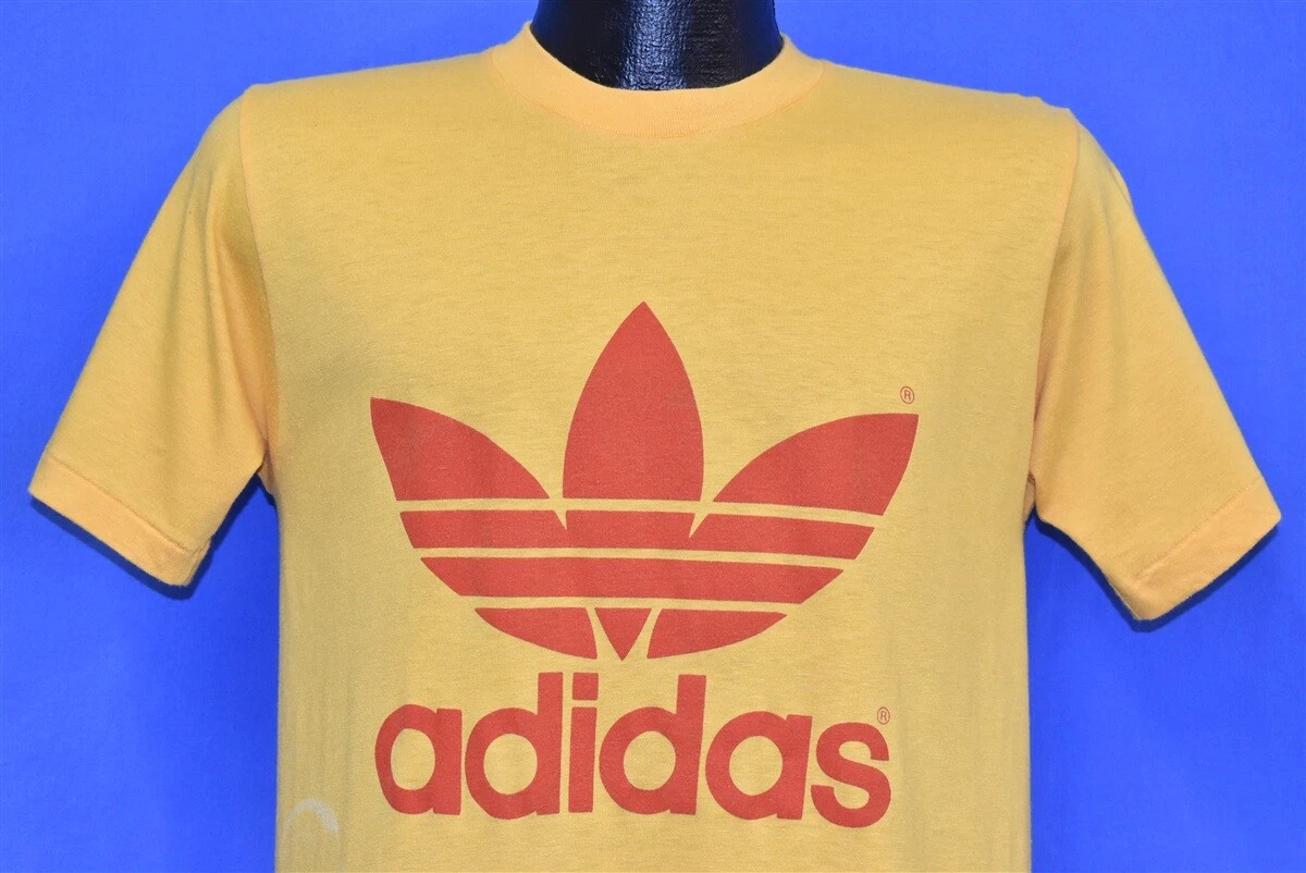 vintage 80s ADIDAS TREFOIL LOGO 2 SIDED YELLOW 50/50 ATHLETIC SPORT t-shirt  M