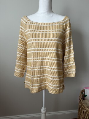 Anthropologie Postmark Mustard Yellow Striped 3/4 Bell Sleeve Blouse Medium