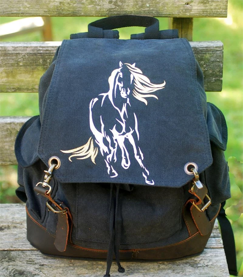 Spirited Horse Gold & Silver Glitter 16" Leather Accent Canvas Backpack New