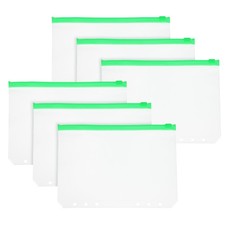 6 Pack 6 Holes A5 Binder Pocket Waterproof, Green Zip/Clear Pouch