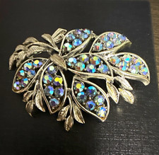 Silver Tone Rhinestone Leaf Branch Spray Brooch Pin, Nature Theme