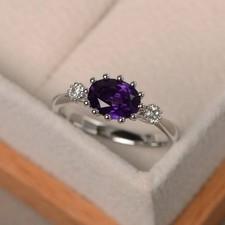 Purple Amethyst Ring Natural Oval Gemstone 925 Sterling Silver Women Ring
