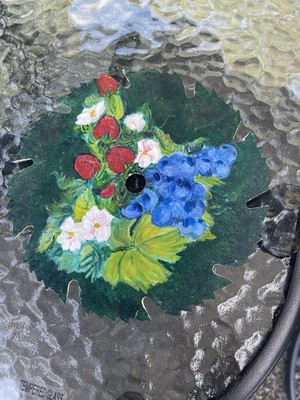 Handmade Hand Painted Circular Saw Blade Art Strawberries Flowers Blue Fruit