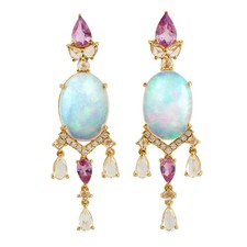 Chandelier Earrings 18K Gold Rainbow Opal Pink Sapphire Diamond Accents Women