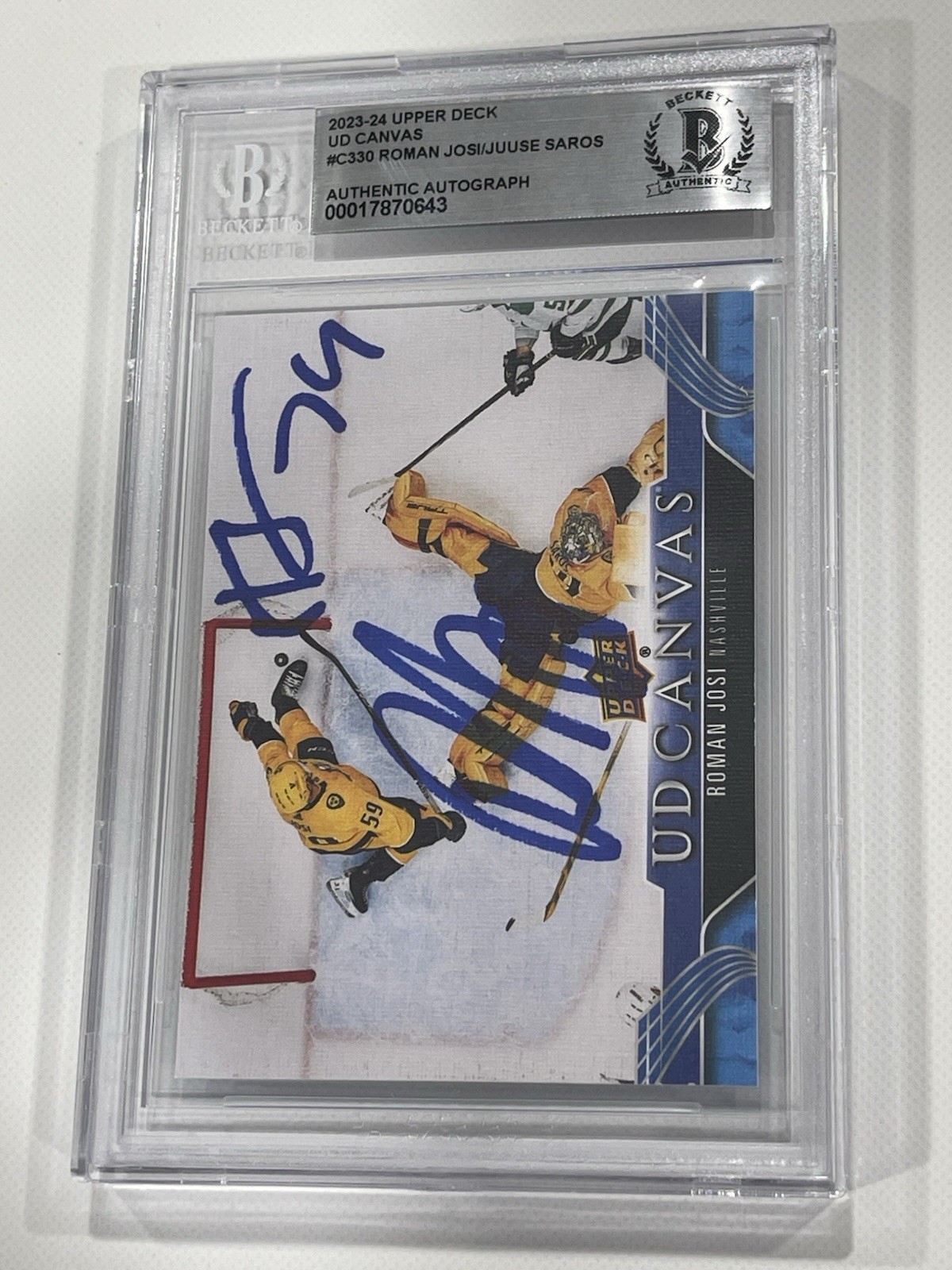 Roman Josi Autographed Signed Nashville Predators Juuse Saros UD Canvas Card Slabbed Beckett BAS IP Auto b 