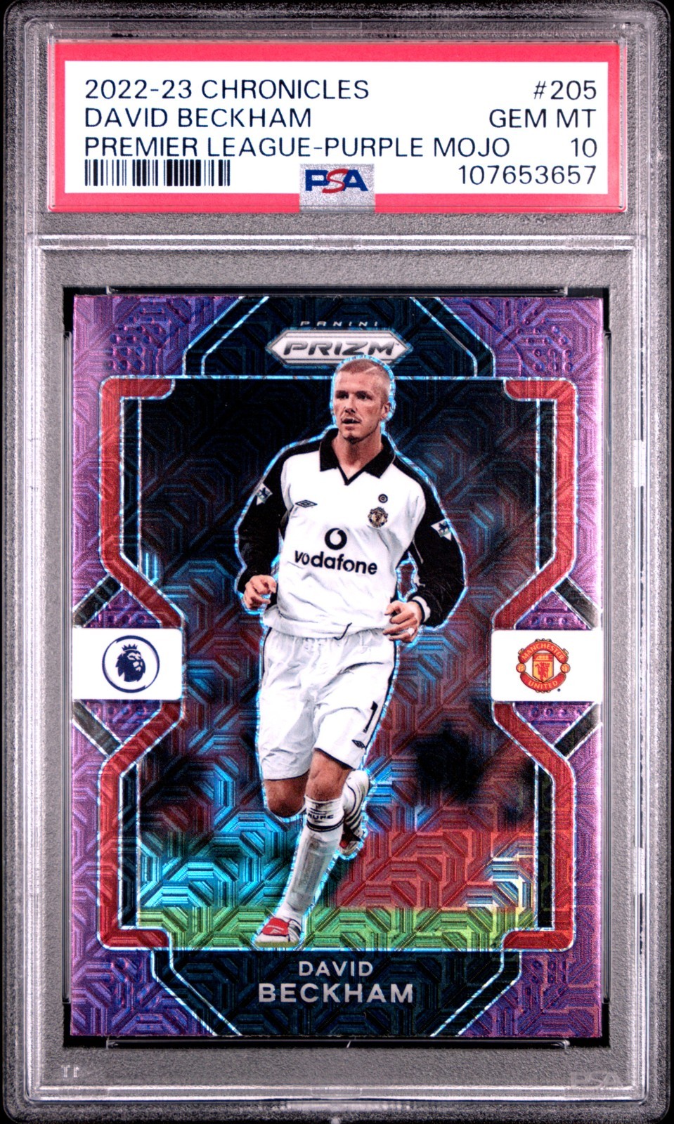 2022-23 Panini Chronicles Prizm David Beckham Purple Mojo PSA 10 Gem Mint view 1
